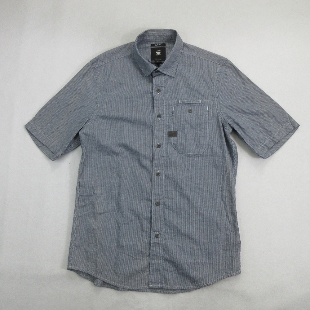 G-Star Men's Shirt L Bristum Slim Short Sleeve Indigo Micro Check Blue New